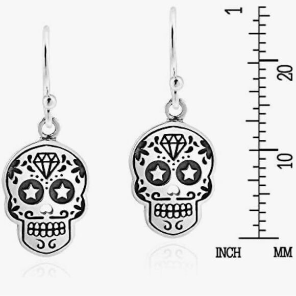 925 Sterling Silver Halloween Sugar Skull Earrings Day of the Dead Dangle NEW - Picture 6 of 9